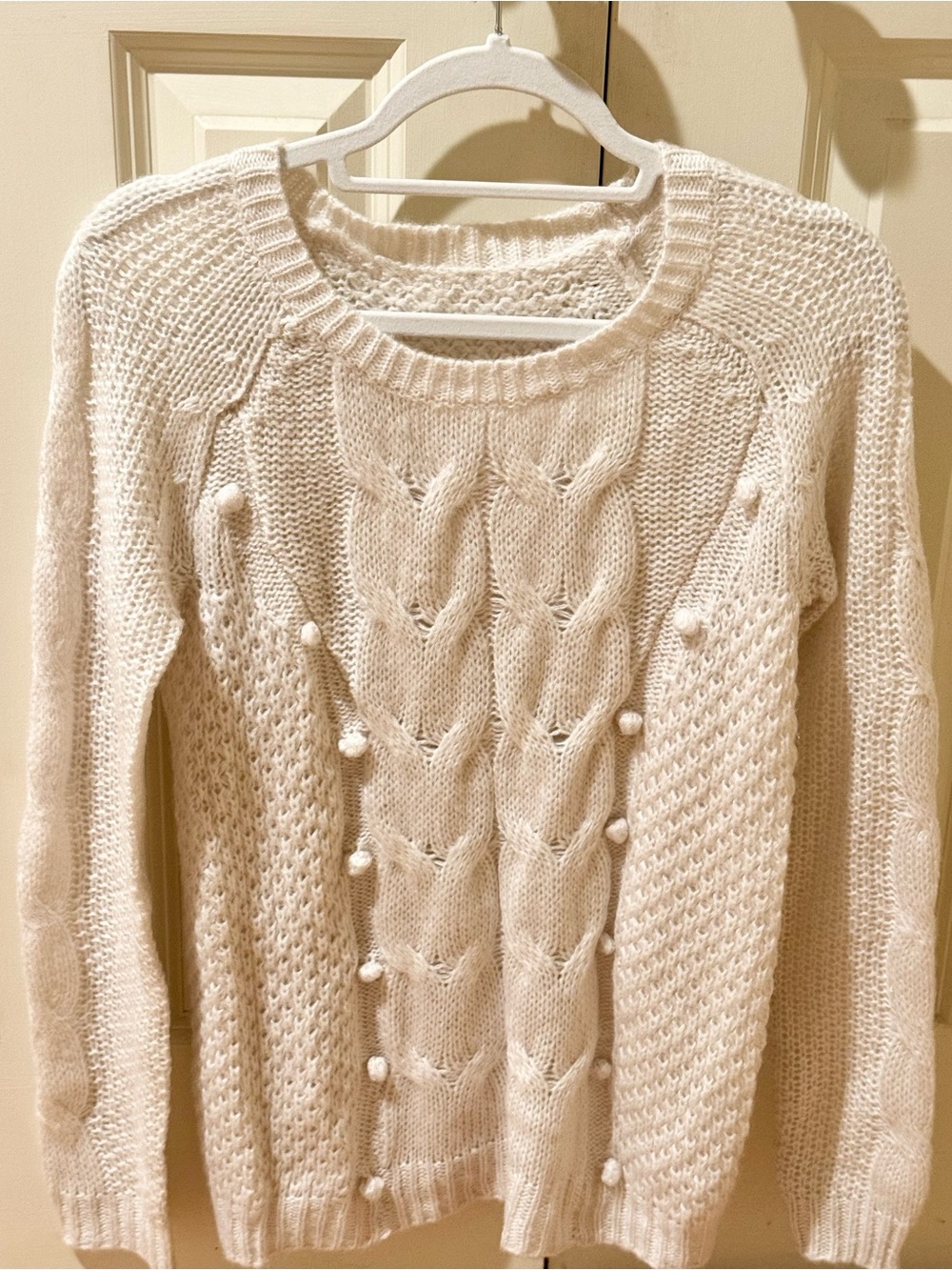 Anthropologie Cotton Cream Cable Knit Pom-Pom Crew Sweater size medium womens